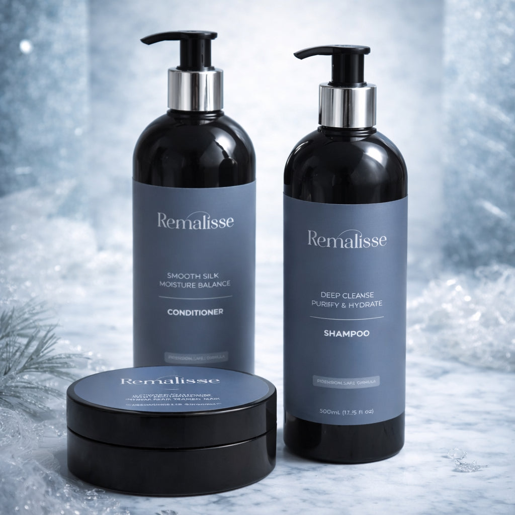 Remalisse Deep Cleanse Purify & hydrate Shampoo in a black pump bottle with silver collar and blue-grey label, displayed on a cool-toned marble surface. 