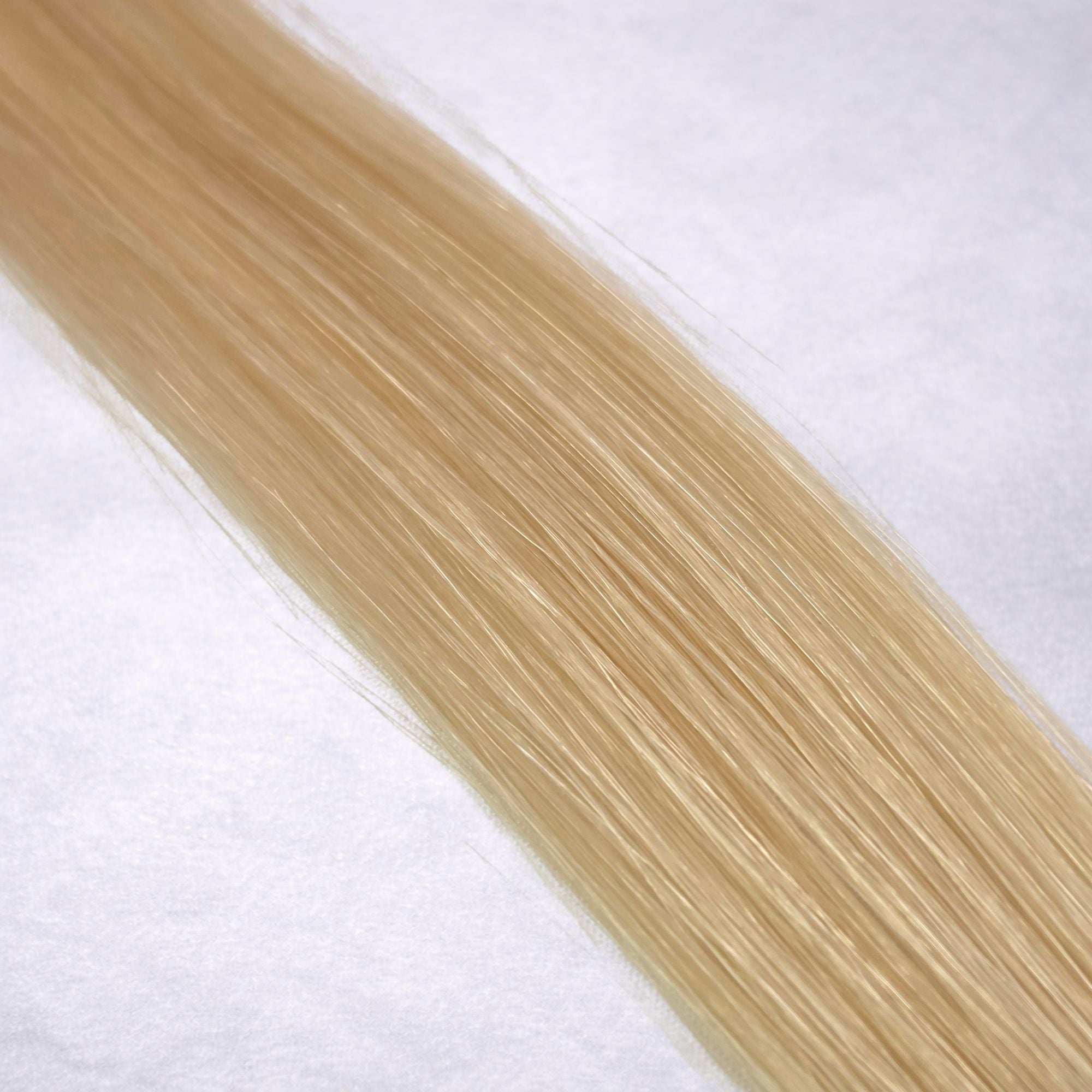 Luxury Remy human hair extension shade swatch in Cashmere #24 from the Remalisse Studio Collection, featuring a soft light blonde tone with cool creamy undertones, subtle dimension, a silky finish, and natural shine.

