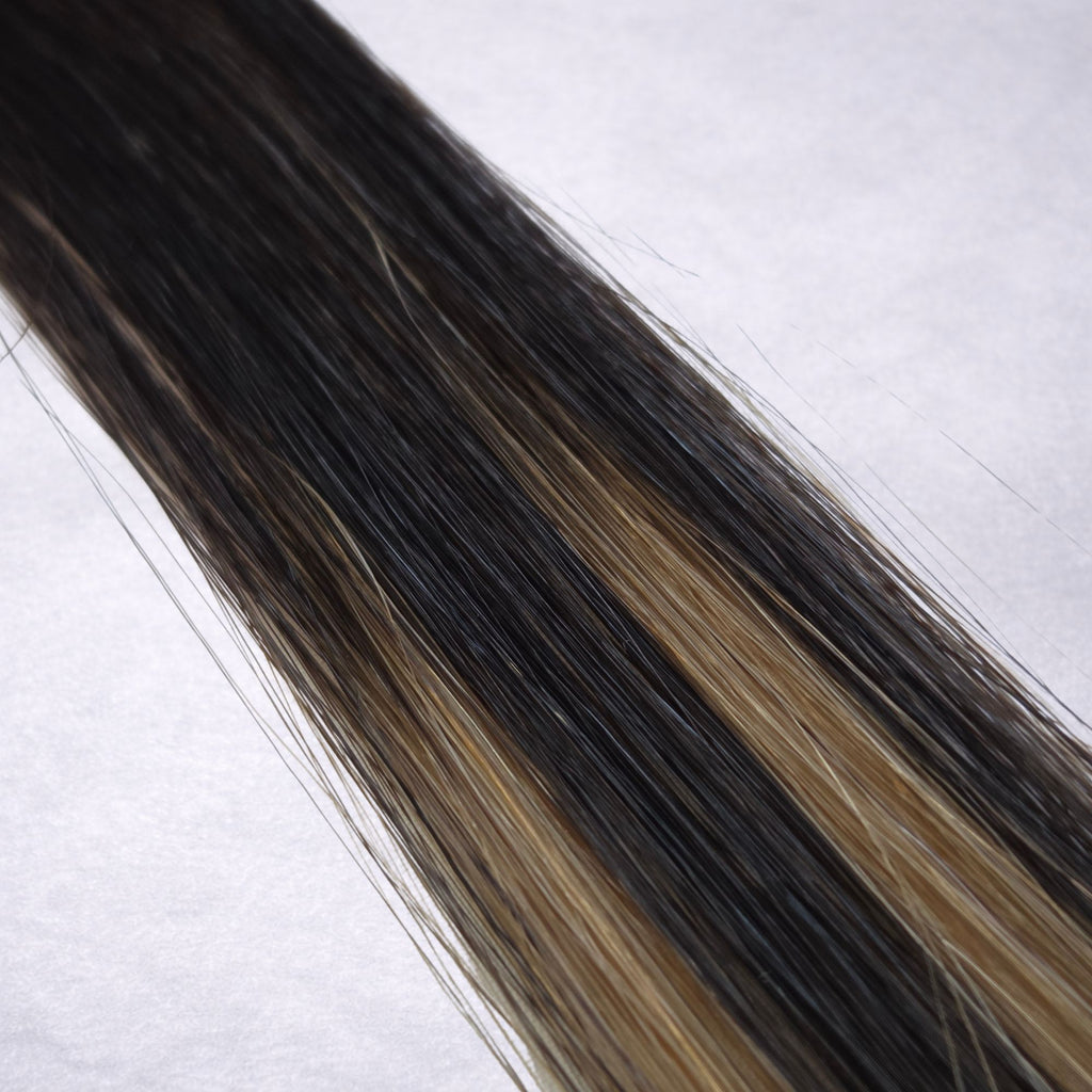 Studio Collection shade swatch in Honey Swirl #B1B/10, featuring a dimensional blend of deep raven brunette and soft petal blonde tones with warm honey ribboned highlights, a silky finish, and natural shine.