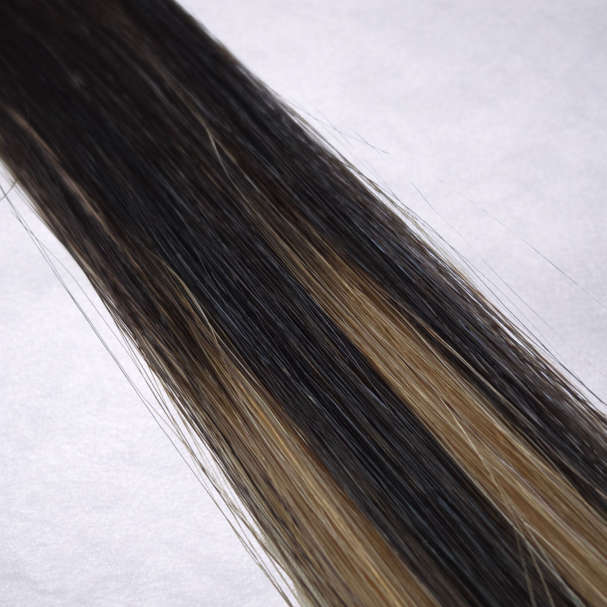 Studio Collection shade swatch in Honey Swirl #B1B/10, featuring a dimensional blend of deep raven brunette and soft petal blonde tones with warm honey ribboned highlights, a silky finish, and natural shine.