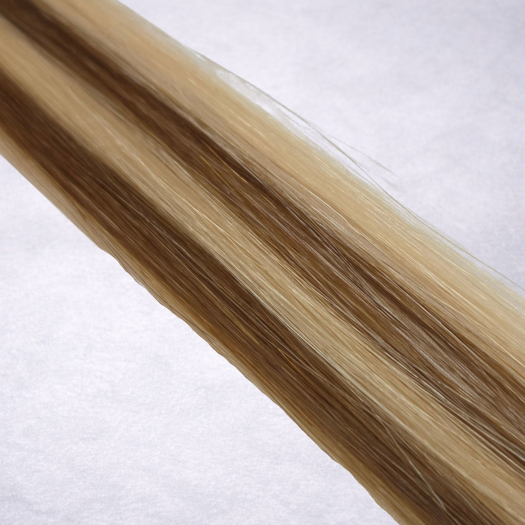 Studio Collection shade swatch in Honeycomb #P6/22, featuring a dimensional blend of warm chestnut brown and soft honey blonde tones with golden ribboned highlights, a silky finish, and natural shine.
