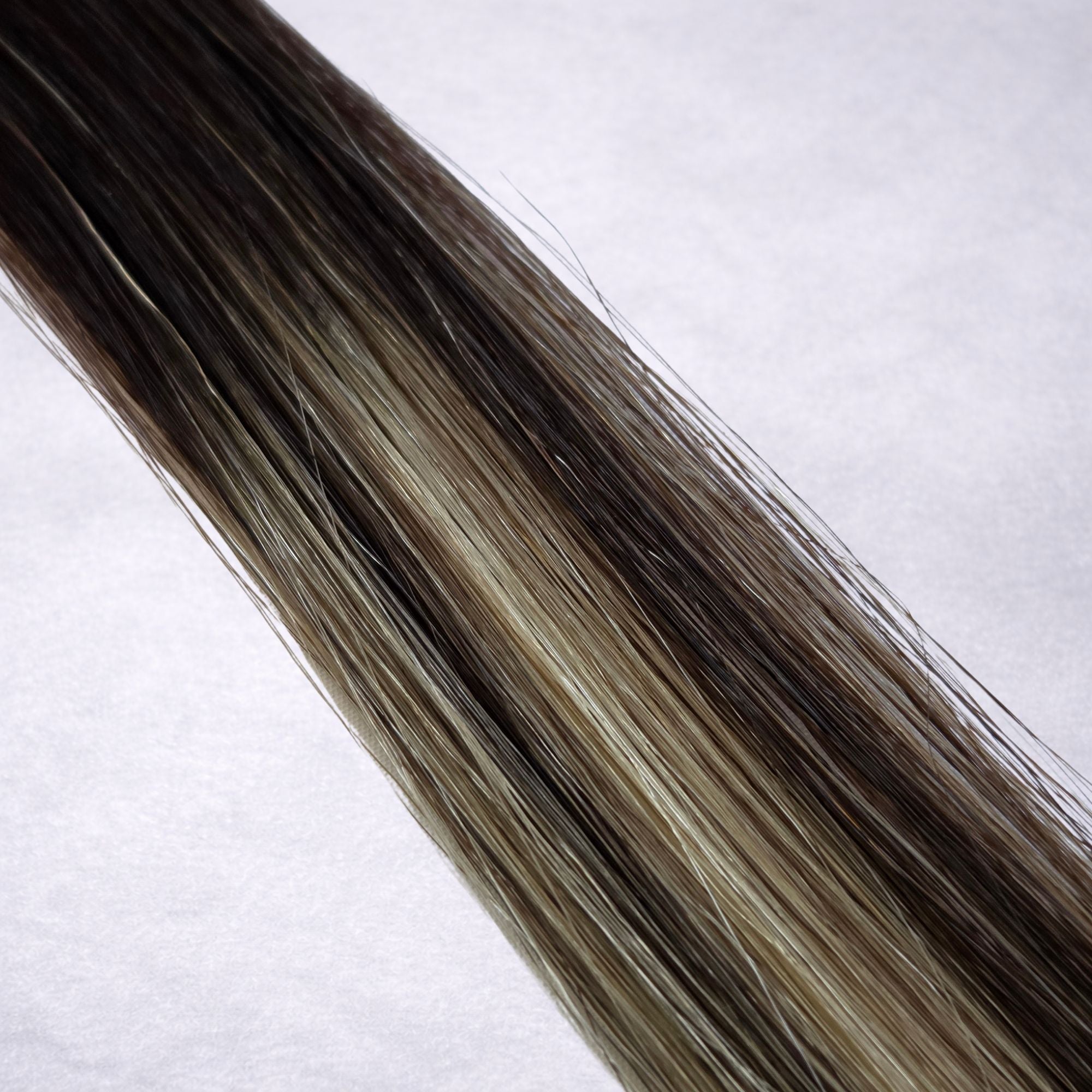 Studio Collection shade swatch in Iced Bronde #B2/22, featuring a dimensional blend of rich espresso brunette and soft honey blonde tones with cool bronde ribboned highlights, a silky finish, and natural shine.