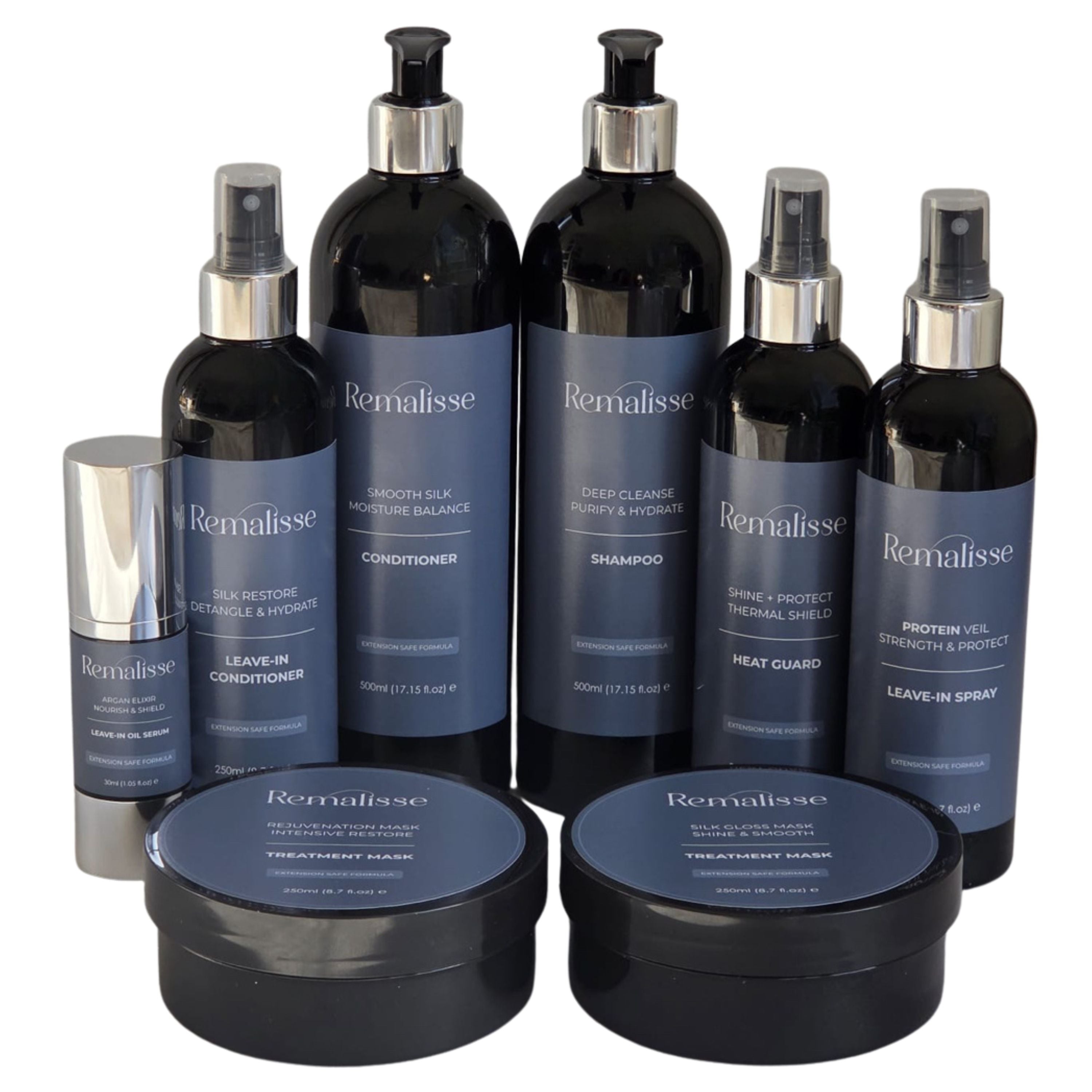 Remalisse Signature Bundle complete hair extension aftercare system featuring shampoo, conditioner, masks, leave-in treatments, heat protection and argan oil.