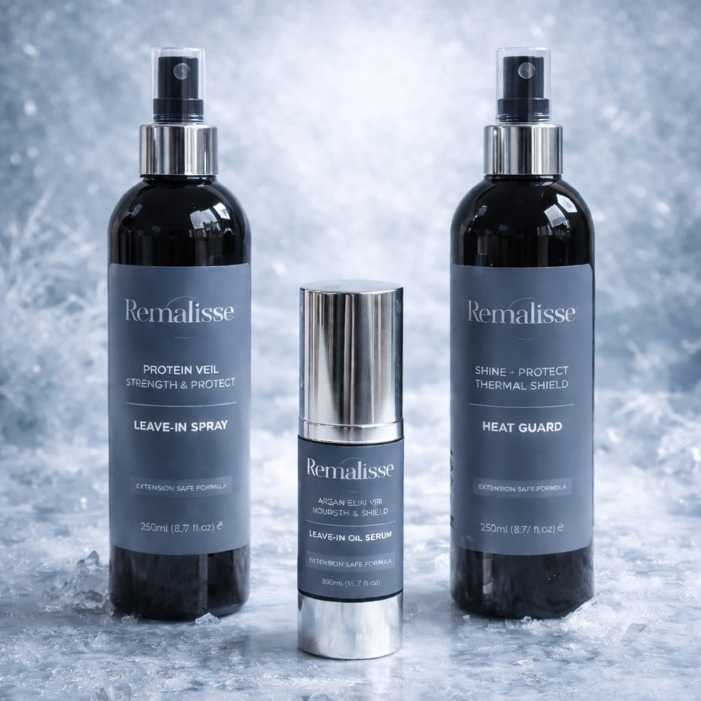 Three Remalisse haircare products displayed on a cool icy marble background - Protein Veil strength and protect leave-in spray, Argan Elixir Nourish and Shield leave-in oil serum and Shine + Protect Thermal heat guard, arranged side by side with frosted ice detailing. 