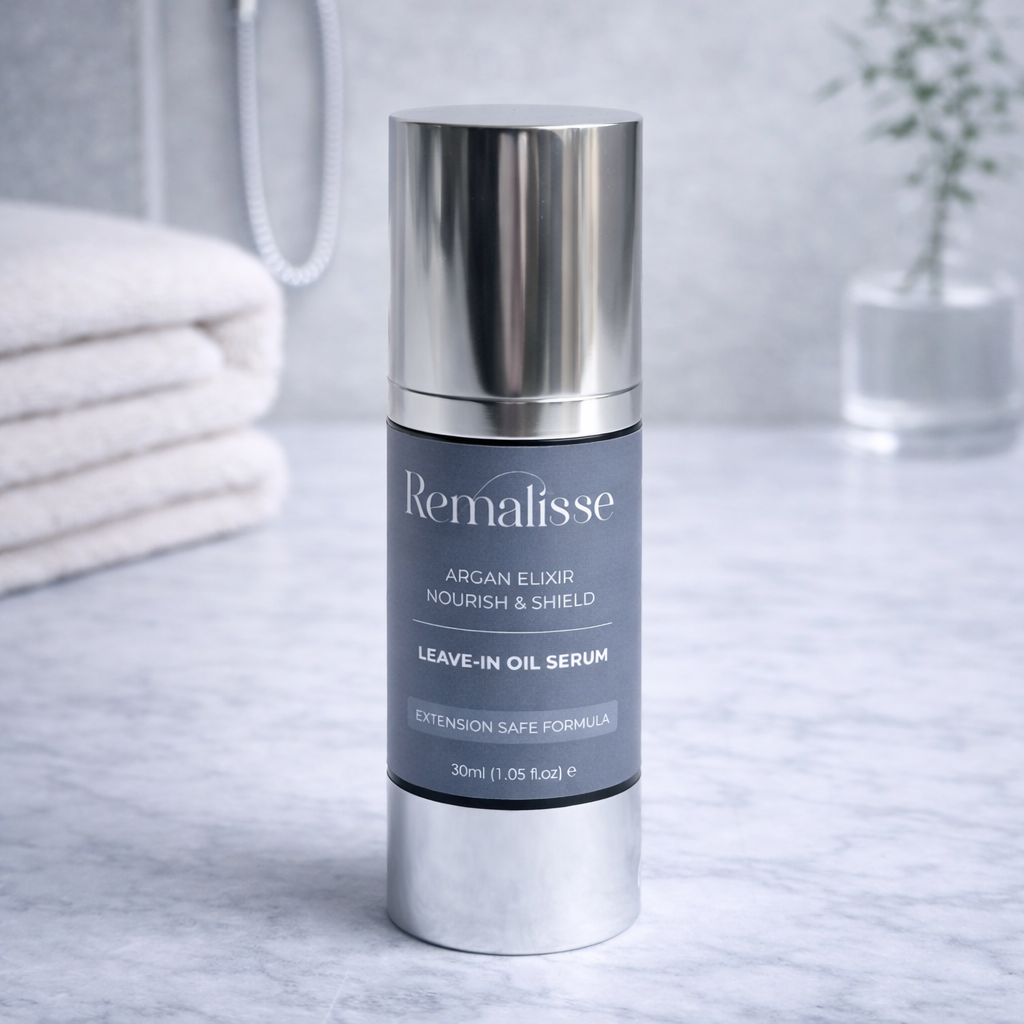 Remalisse Argan Elixir Nourish and Shield leave-in oil serum in a silver pump bottle, displayed on a cool marble bathroom surface with folded white towels and soft-focus greenery in the background. 