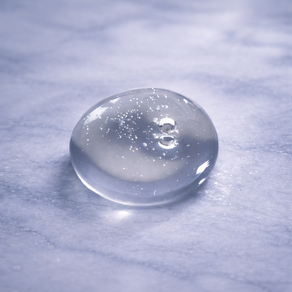 Close up of Argan Elixir clear, glossy serum droplet with tiny air bubbles resting on a cool-toned marble surface, softly lit to highlight its smooth, glass like texture. 