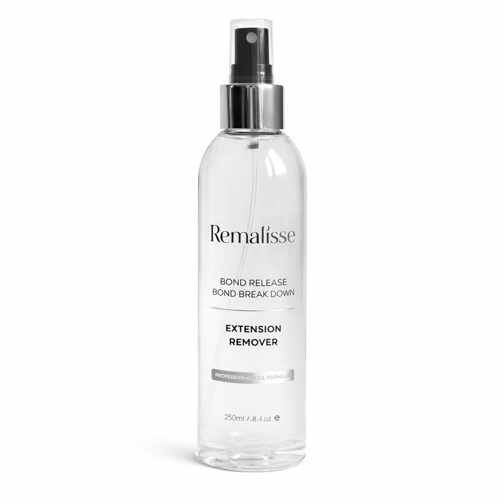 Remalisse Bond Release extension remover in clear professional spry bottle with silver pump on white background, formulated to break down keratin bond adhesives safely without damaging natural hair or extensions.
