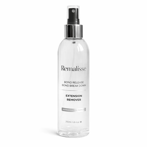 Remalisse Bond Release extension remover in clear professional spry bottle with silver pump on white background, formulated to break down keratin bond adhesives safely without damaging natural hair or extensions.