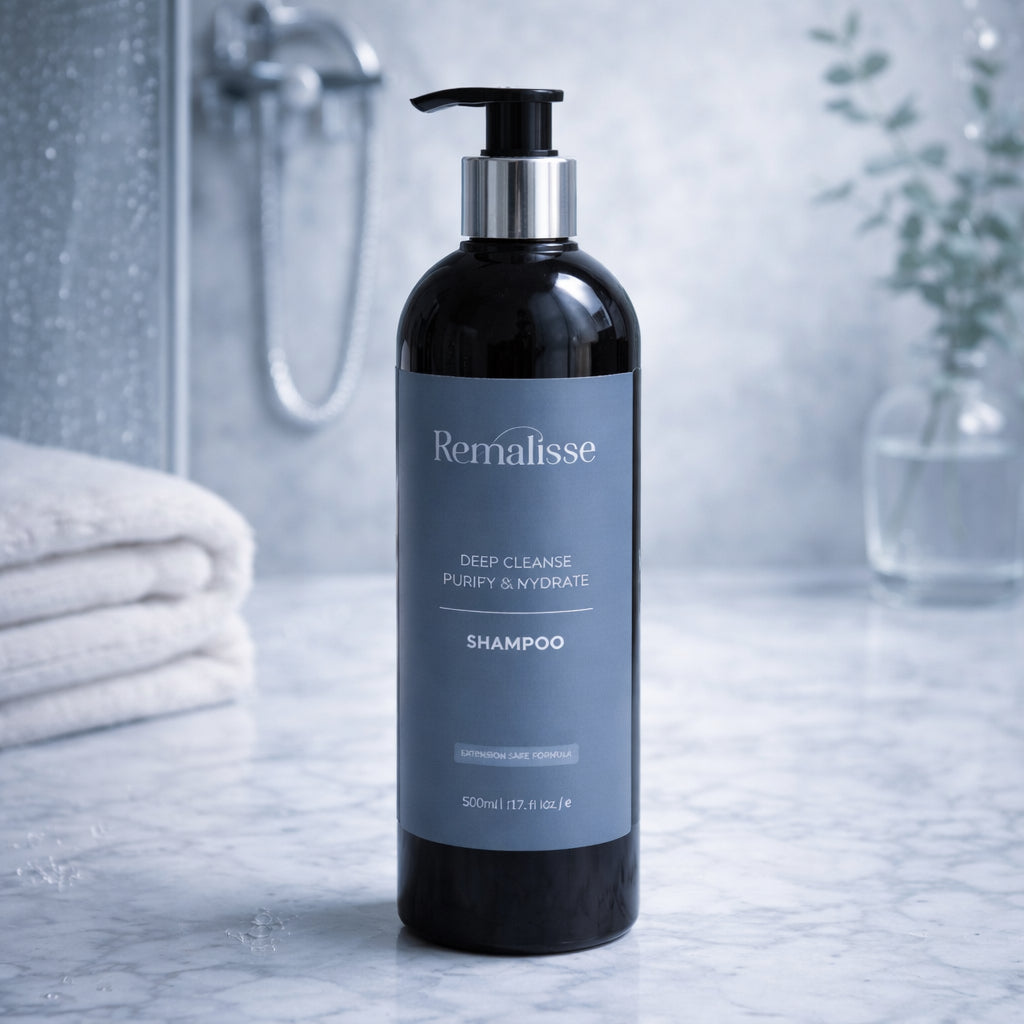 Remalisse Deep Cleanse Purify & Hydrate Shampoo in a black pump bottle with blue-grey label, standing on a cool-toned marble bathroom surface with soft, blurred background.