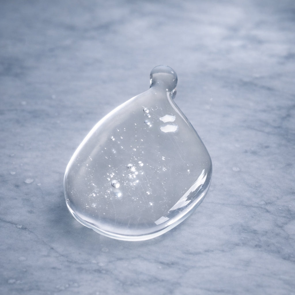 Close up of Remalisse shampoo texture, clear gel displayed on a cool-toned marble surface. 