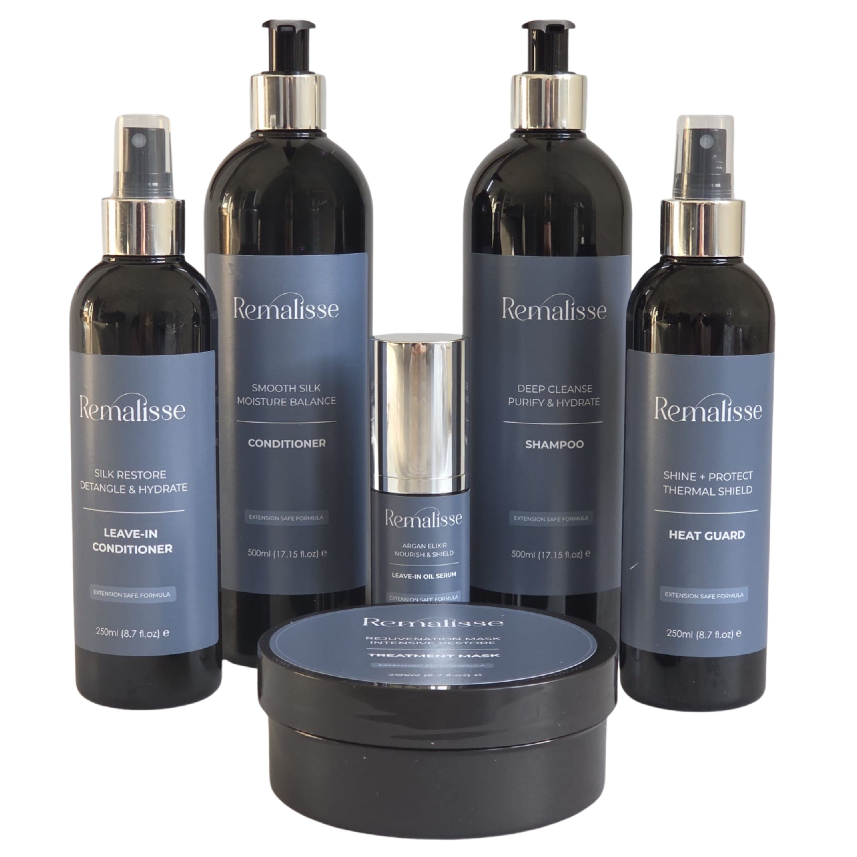 Remalisse Essentials Bundle hair extension aftercare set featuring shampoo, conditioner, heat protection spray, argan oil serum, and hydration mask 