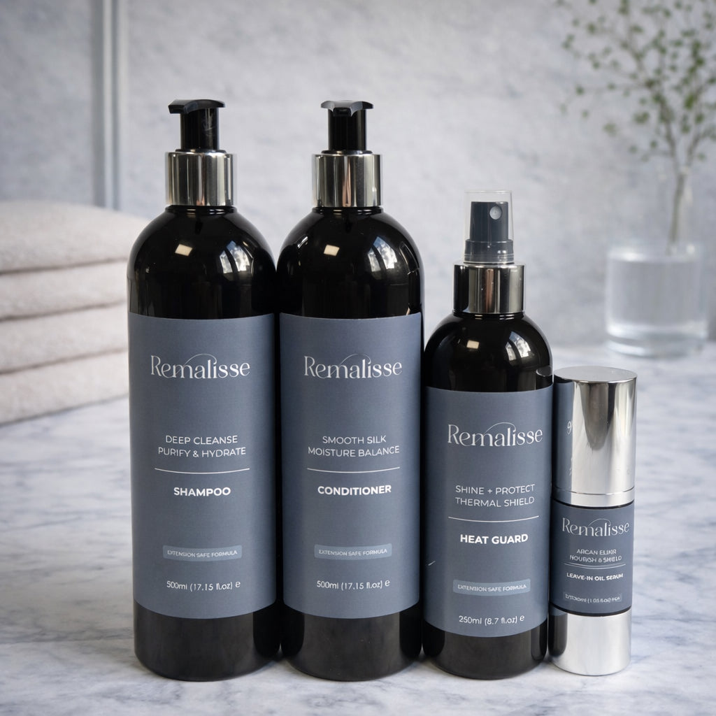 Remalisse foundation haircare bundle including Deep Cleanse Shampoo, Smooth Silk Conditioner, Shine + Protect Heat Guard and Argan Elixir Leave-In Oil Serum displayed on a marble surface.