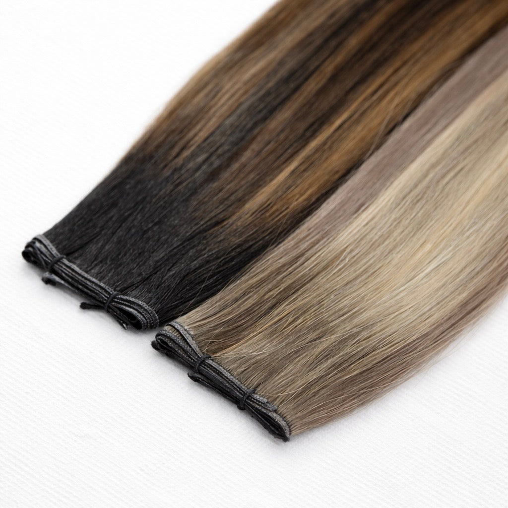 Remalisse Genius Weft hair extensions - ultra-flat seamless weft in multi-tonal blonde and brunette shades. 