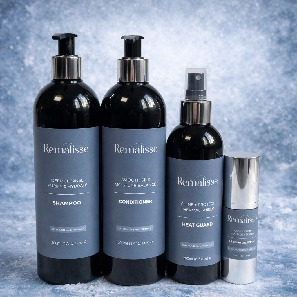 Remalisse hair extension aftercare range including Deep Cleanse Shampoo, Smooth Silk Conditioner, Shine + Protect Heat Guard and Argan Elixir oil serum. 