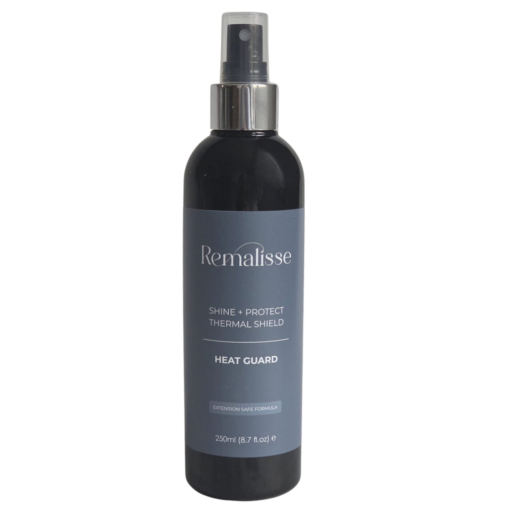Remalisse Shine + Protect Heat Guard -thermal protection spray for styling hair extensions.