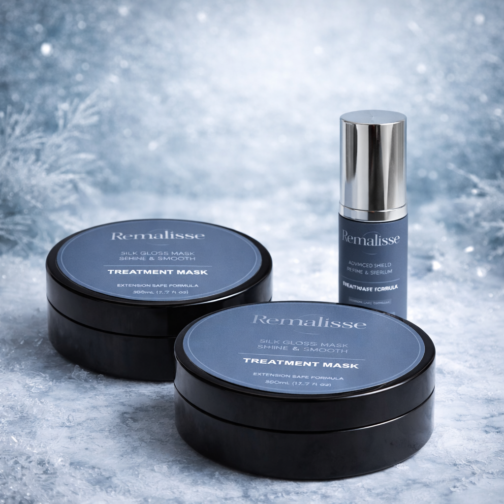 Remalisse Silk Gloss Mask - Shine & Smooth treatment masks in blacks tubs with slate grey labels, styled alongside a matching serum bottle on a cool icy marble surface with frosted, winter-inspired background. 