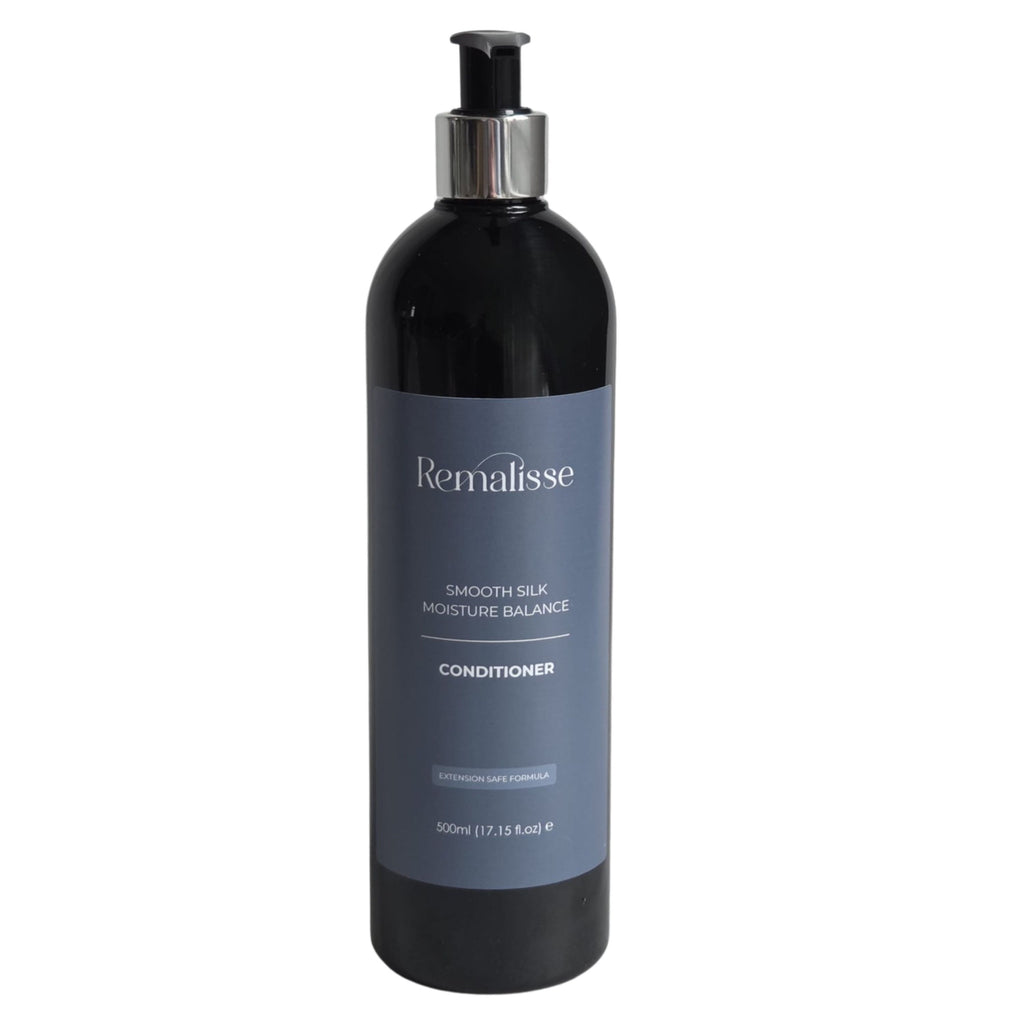 Remalisse smooth silk moisture balance conditioner, extension -safe hydrating conditioner bottle on white background.