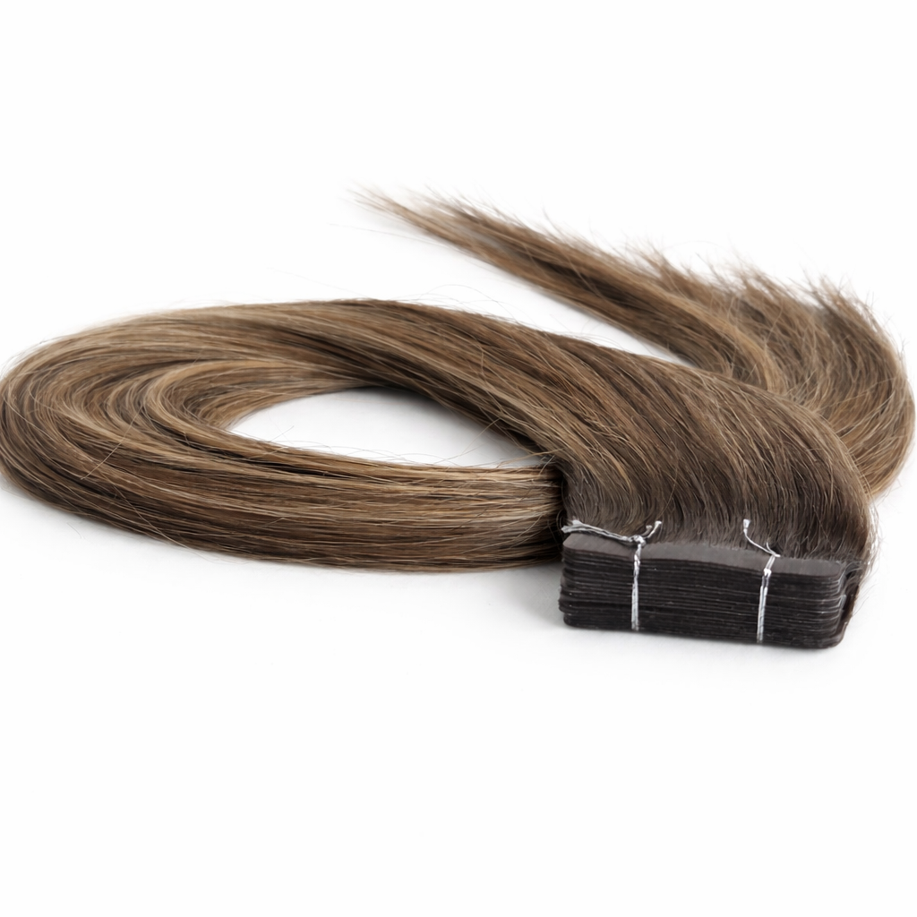 Remalisse Tape-In hair extensions - side angle showing seamless adhesive tabs and fill length double drawn Remy hair. 