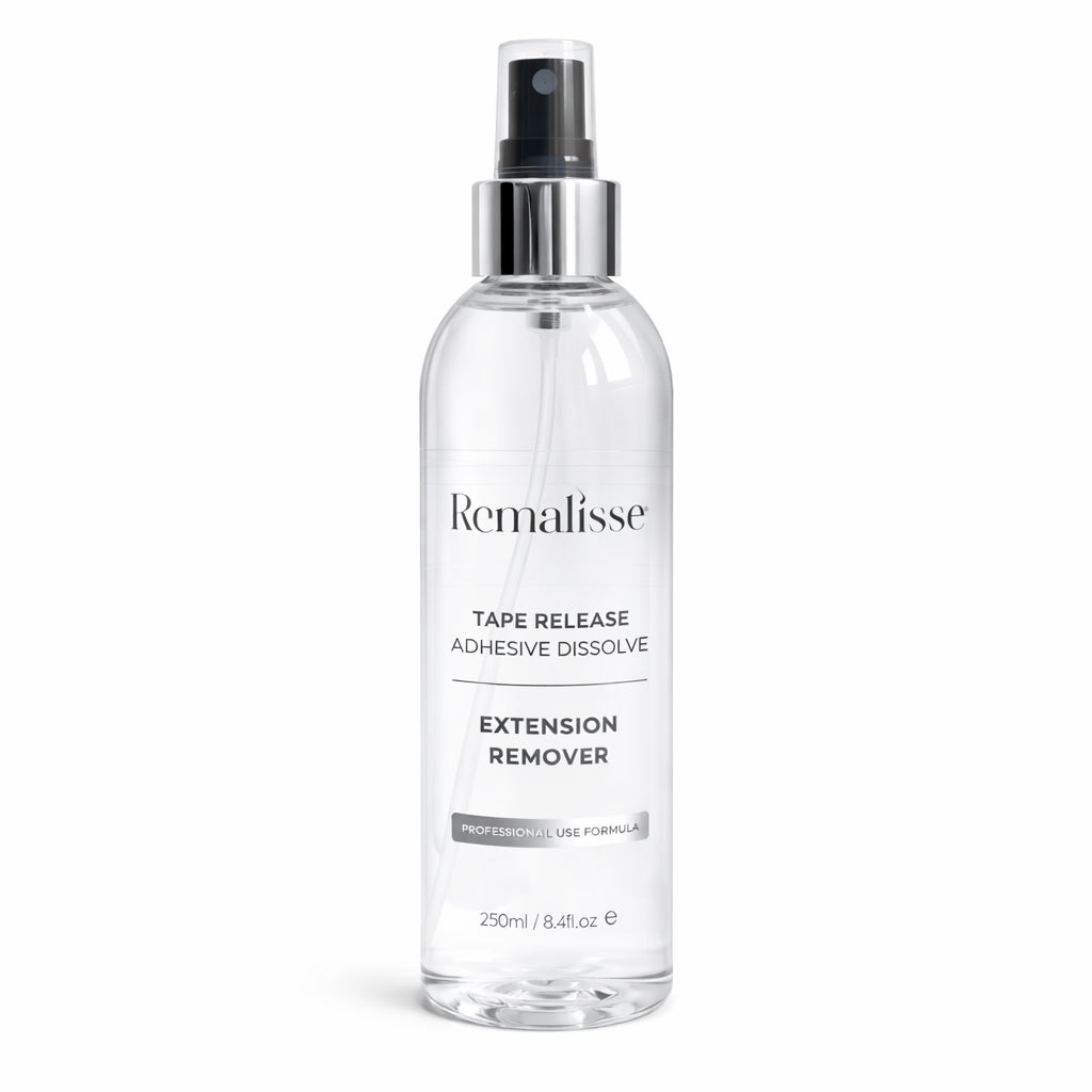 Remalisse Tape Release adhesive remover in clear professional spray bottle with silver pump on white background, designed to safely dissolve tape-in extension adhesive without leaving residue or damaging natural hair or hair extensions.