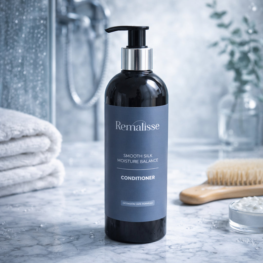 Remalisse Smooth Silk Moisture Balance Conditioner in a cool toned bathroom.