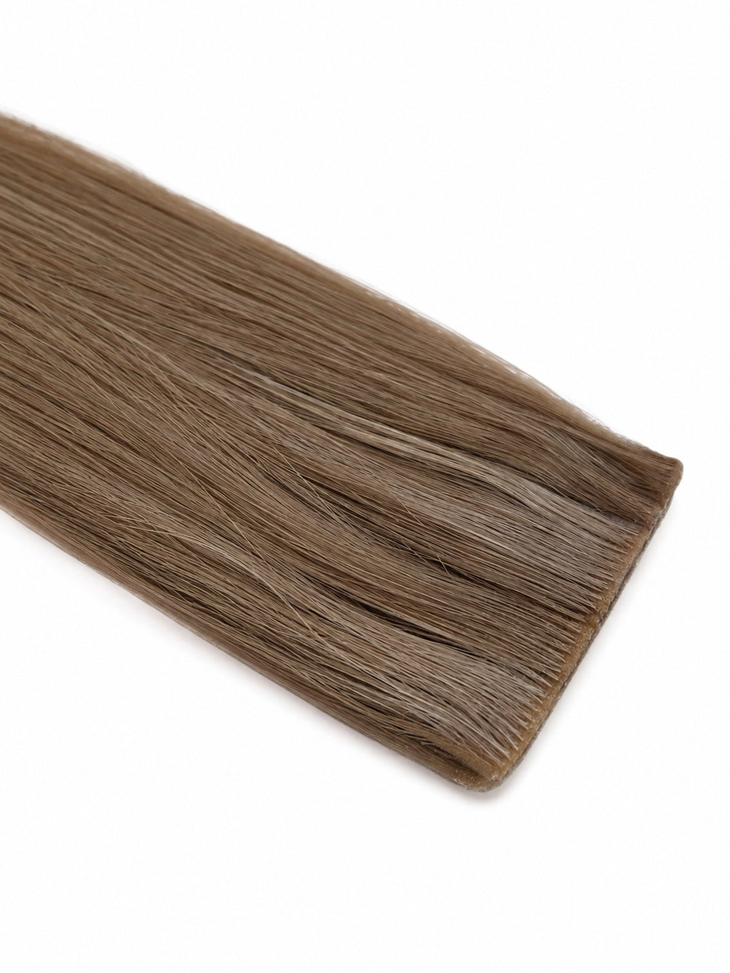 Studio Collection injection tape-in hair extension in a cool taupe blonde shade, featuring soft ash-beige undertones, an ultra-discreet seamless injection tab, silky straight Remy human hair, and a smooth natural finish against a clean white background.