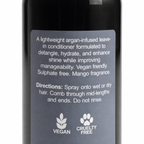 Remalisse leave-n conditioner back label showing product description, directions for use, and vegan and cruelty-free icons. 
