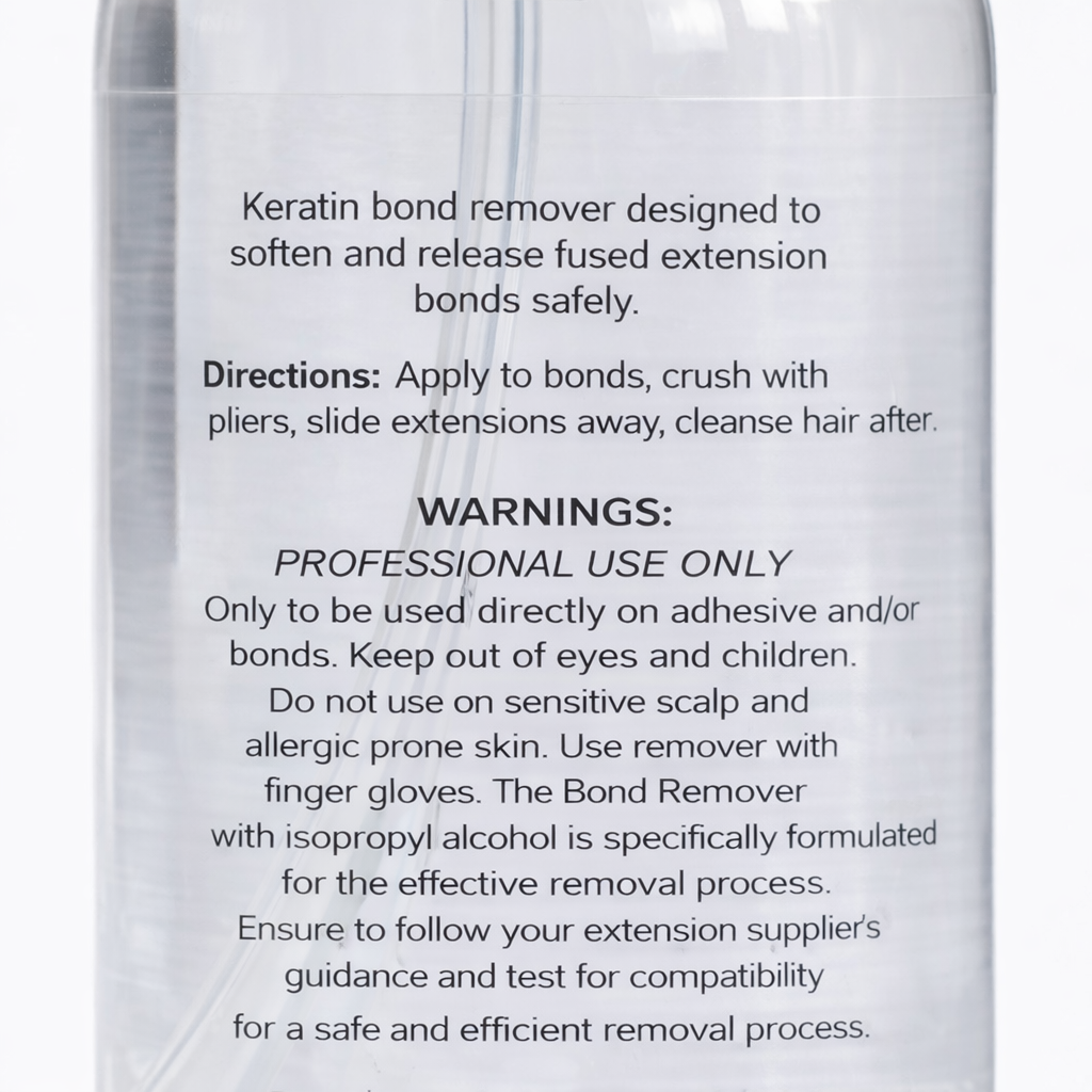Remalisse Bond Release and Breakdown hair extension remover back label with directions and professional use warnings.
