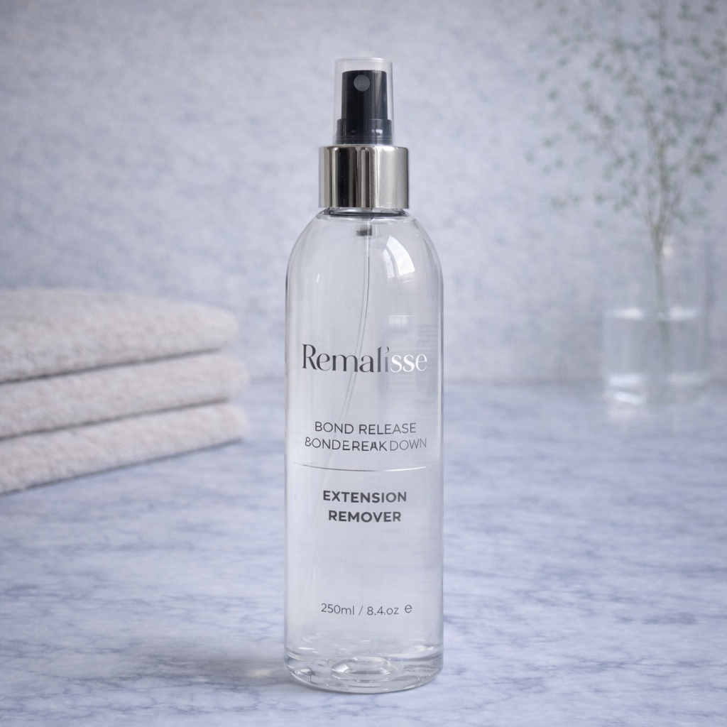 Remalisse Bond Release and Breakdown hair extension remover bottle on marble bathroom background.