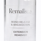 Remailsse Bond Release and Breakdown hair extension remover label close-up on clear bottle. 