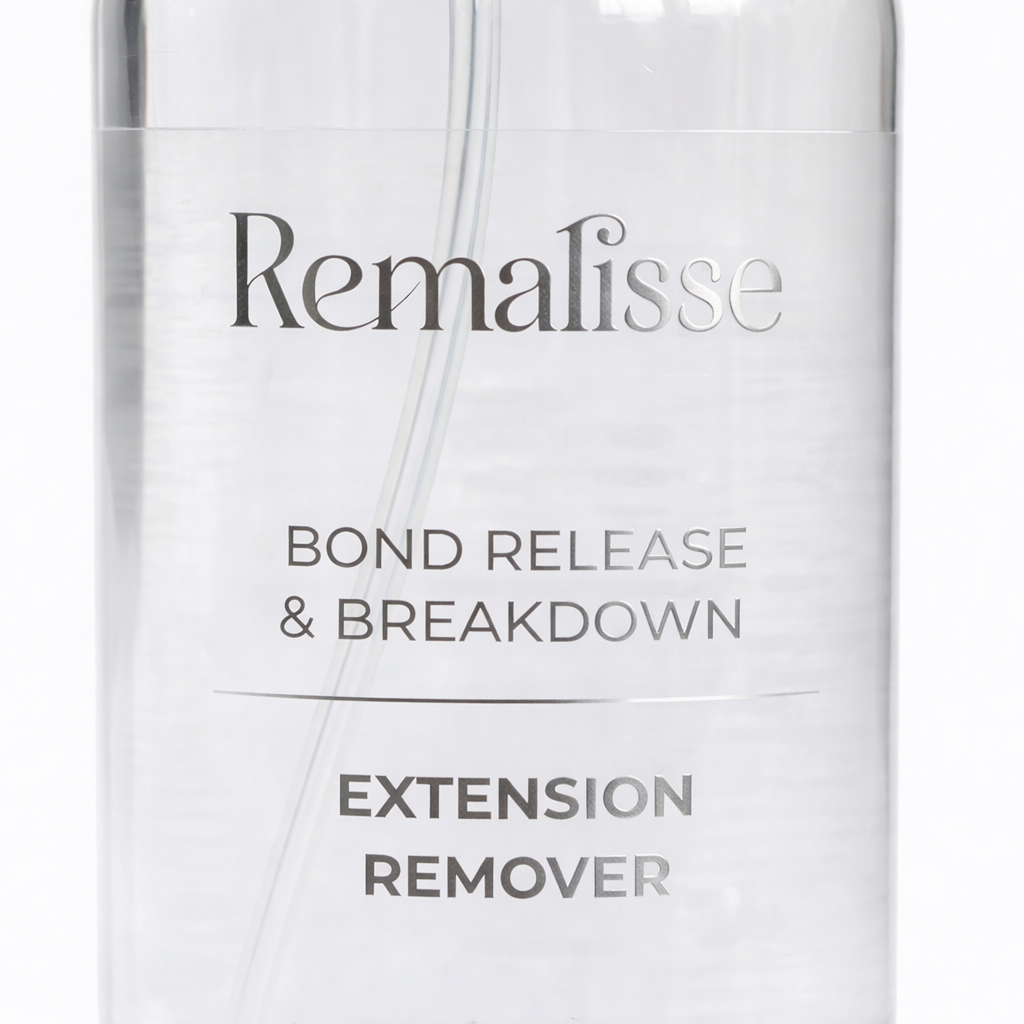 Remailsse Bond Release and Breakdown hair extension remover label close-up on clear bottle. 