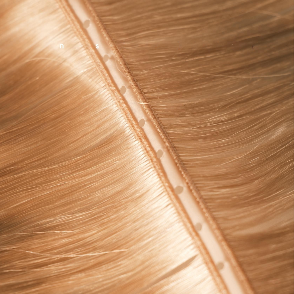 Close-up of the inner side of a Remalisse Studio Butterfly Weft hair extension showing the ultra-thin PU centre with pre-punched holes, flexible construction and seamless blonde Remy hair designed for lightweight, discreet installations. 