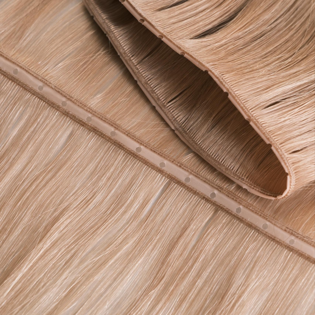 Close-up of Remalisse Studio Butterfly Weft hair extensions in a light blonde shade, showing the ultra-thin flexible PU centre with pre-punched holes and invisible weft construction designed for lightweight, discreet installations
