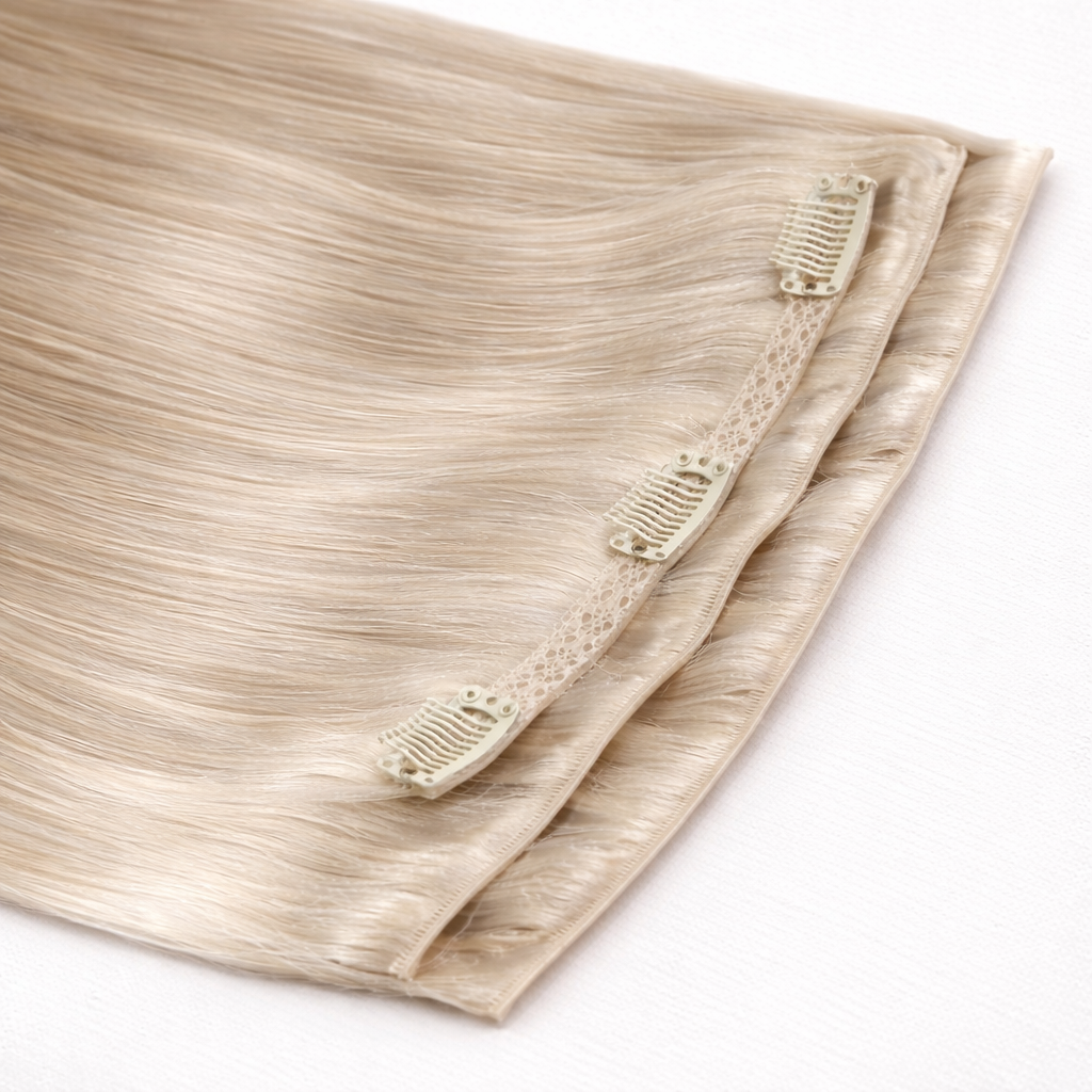 Remalisse seamless genius clip-in hair extensions in light blonde shade with secure lace weft and metal clips