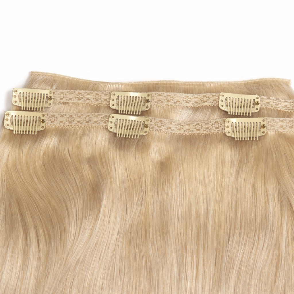 Remalisse blonde Genius Weft clip in hair extensions, weft detail showing lace band and secure metal clips on white background.