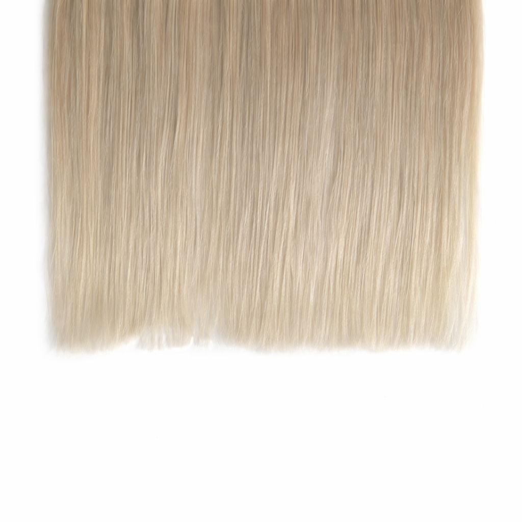 Remalisse Genius Weft Clip-In close up of blonde hair extensions showing thick, full Remy hair density on white background. 