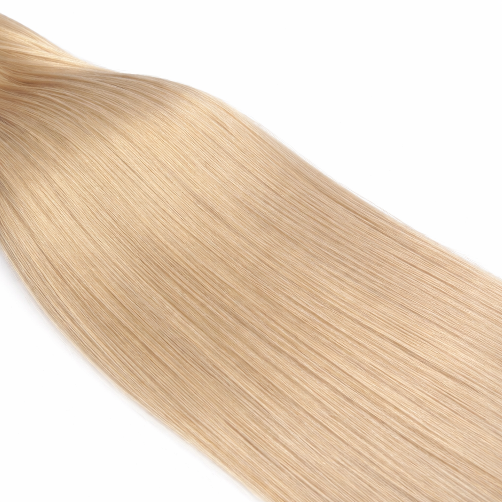 Remalisse Genius Weft close up of clip-in hair extensions showing smooth Remy hair texture on white background. 