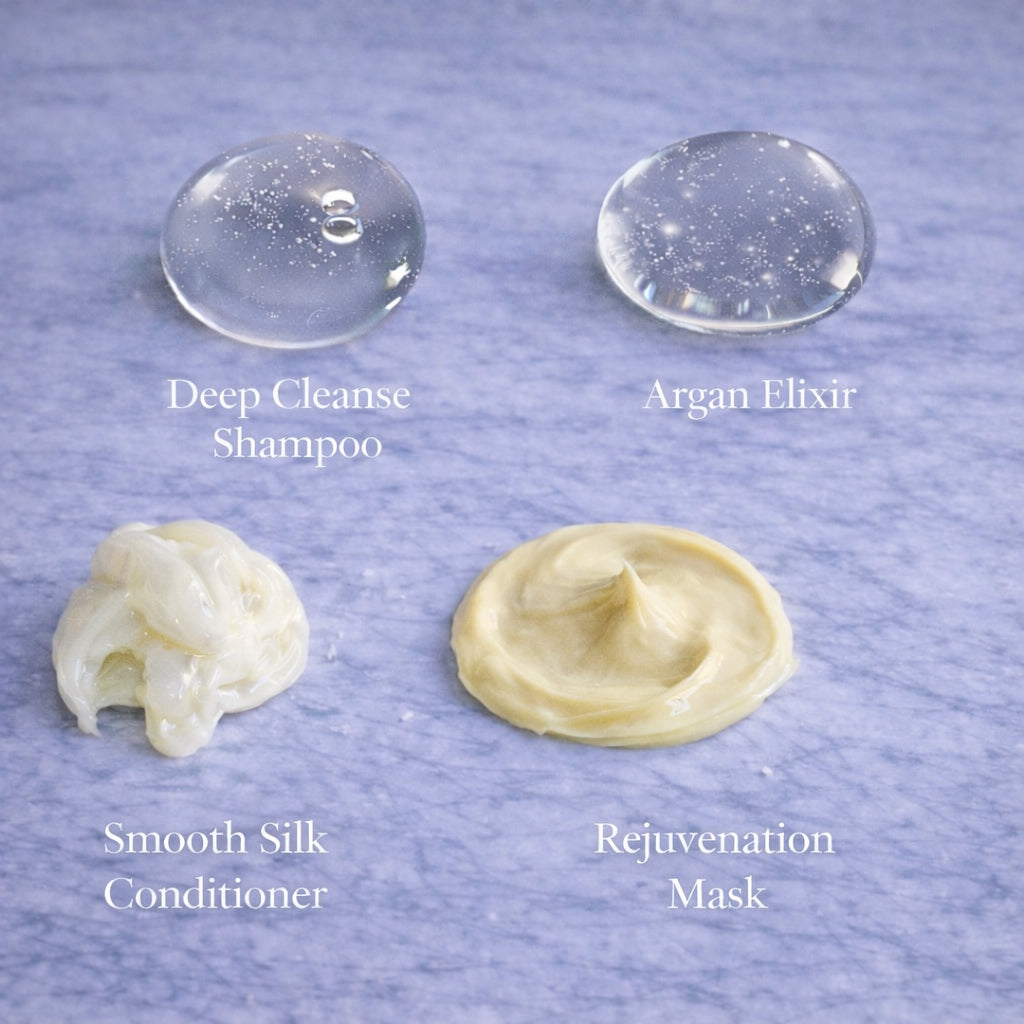 Remalisse hair extension aftercare product textures on a marble surface showing deep Cleanse shampoo, argan elixir, smooth silk conditioner and rejuvenation mask formulas. 