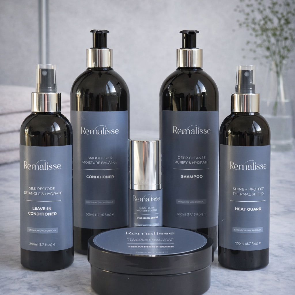 Remalisse hair extension aftercare range displayed on a marble bathroom surface, including Deep Cleanse Shampoo, Smooth Silk Conditioner, Silk Restore Leave-In Conditioner, Sine + Protect heat Spray, Argan Elixir oil serum and rejuvenation mask. 