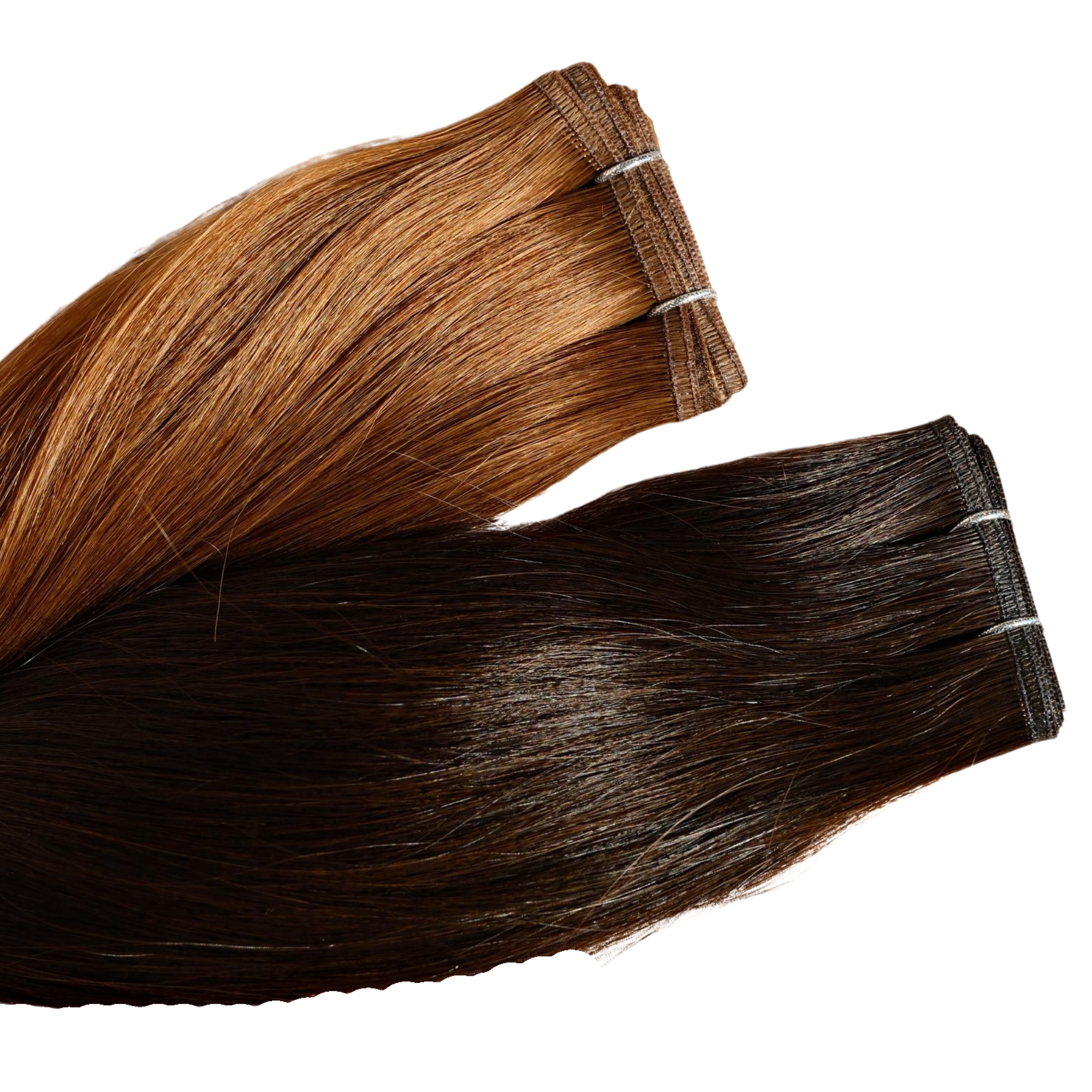 Close-up of Remalisse Studio Flat Weft hair extensions in brunette shades displayed on a white background, showing the seamless flat weft edge and smooth hair finish. 