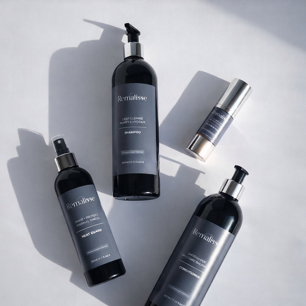 Professional hair extension aftercare products by Remalisse including sulphate-free shampoo, conditioner, heat protection spray and argan oil serum. 