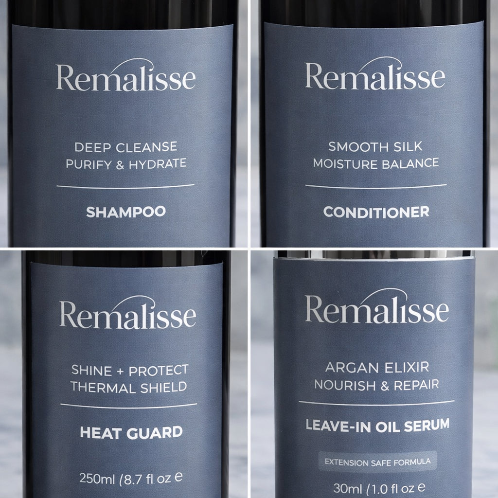 Close-up of Remalisse hair extension aftercare products including sulphate-free shampoo, conditioner, heat protection spray and argan oil serum for hair extensions. 