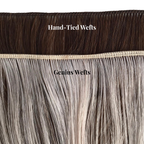 Hand-tied wefts vs Genius wefts comparison highlighting differences in thickness and construction on a clean white background.