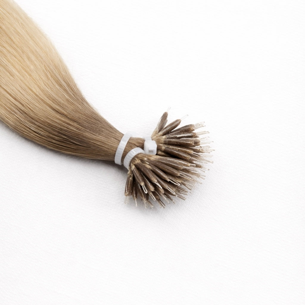 Remalisse Nano Tip hair extensions - micro ring nano bond strands in a rooted blonde blend.