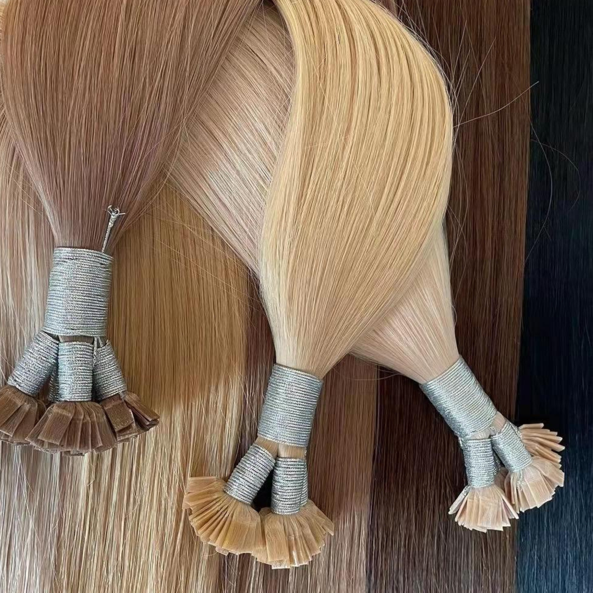 Close-up of keratin bond hair extensions in multiple shades including brunette, blonde and icy blonde tones. The Remy human hair extensions feature strand-by-strand keratin fusion tips with a smooth, glossy finish displayed against a layered hair background.