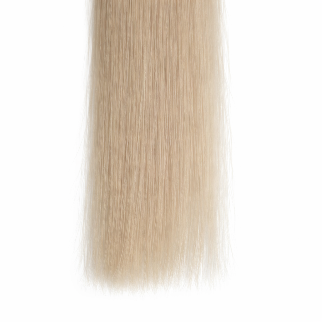 Close-up of blonde hair extension ends showing soft tapered tips and smooth straight texture on a plain white background.