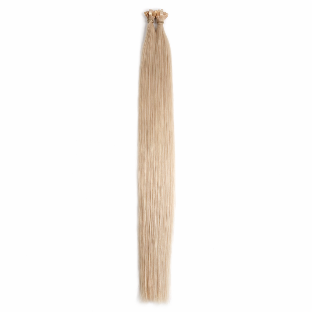 Long straight blonde keratin tip hair extensions bundle on a plain white background, showing full length and silky texture. 