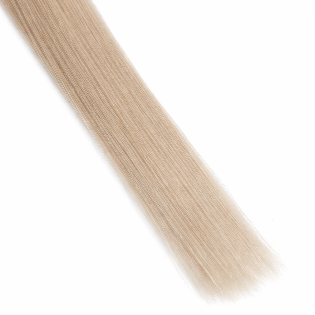 Angled close-up of straight blonde hair extension ends showing soft tapered tips and silky smooth texture on a plain white background.