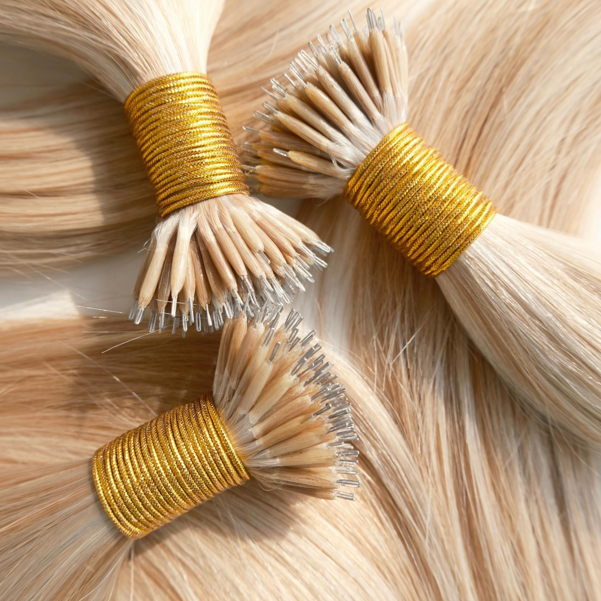Close-up of blonde nano tip hair extensions arranged in bundles, featuring ultra-small nano tip attachments and silky Remy human hair. The lightweight strand-by-strand extensions showcase smooth texture, glossy shine and discreet nano tip construction against a clean light background.