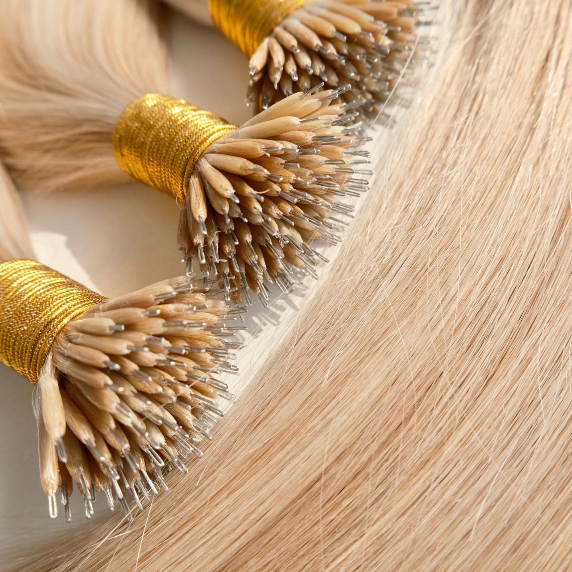 Close-up of blonde nano tip hair extensions featuring ultra-small strand tips and silky Remy human hair. The lightweight strand-by-strand extensions are bundled together with visible nano tip attachments, showcasing smooth texture and a glossy finish against a clean light background.