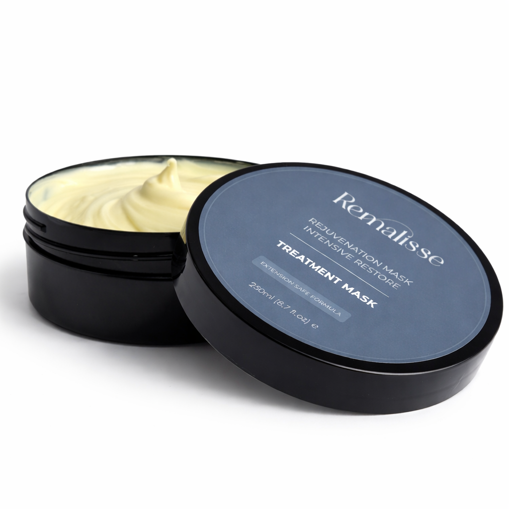Open black Remalisse Rejuvenation Mask jar showing smooth pale yellow cream with a soft peak, beside its matching lid, placed on a clean pure white background. 